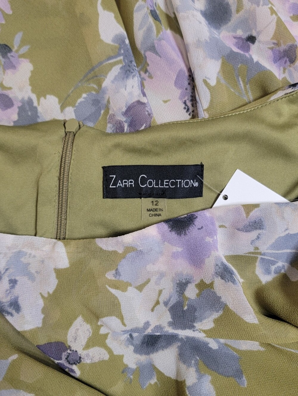 Zarr Collection Floral Ruffle Midi Dress in Olive Green NWT - Picture 3 of 5